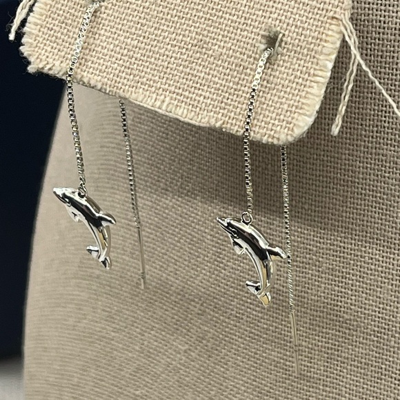 Vintage JCM Sterling Silver Dolphin Threader Earrings - Picture 4 of 14